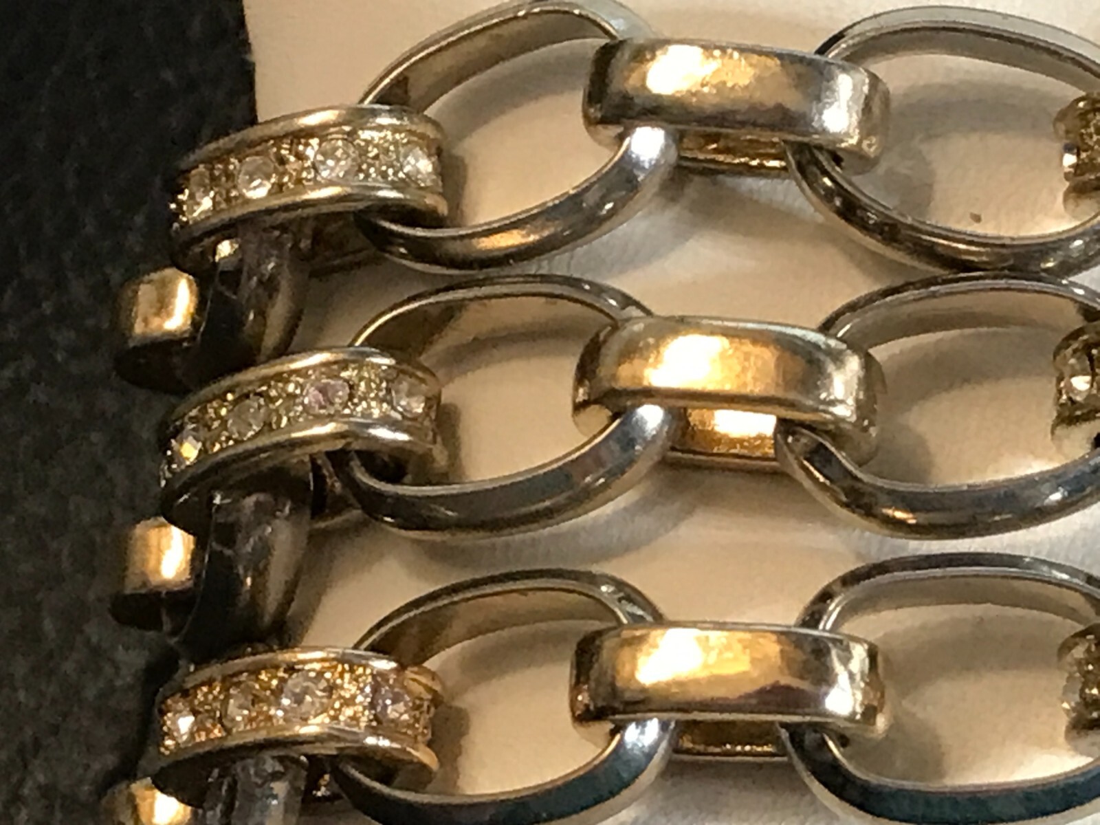 Vintage 2-Tone 3-Strand Bracelet w/ Rhinestone Links & Magnetic Clasp w/ Safety