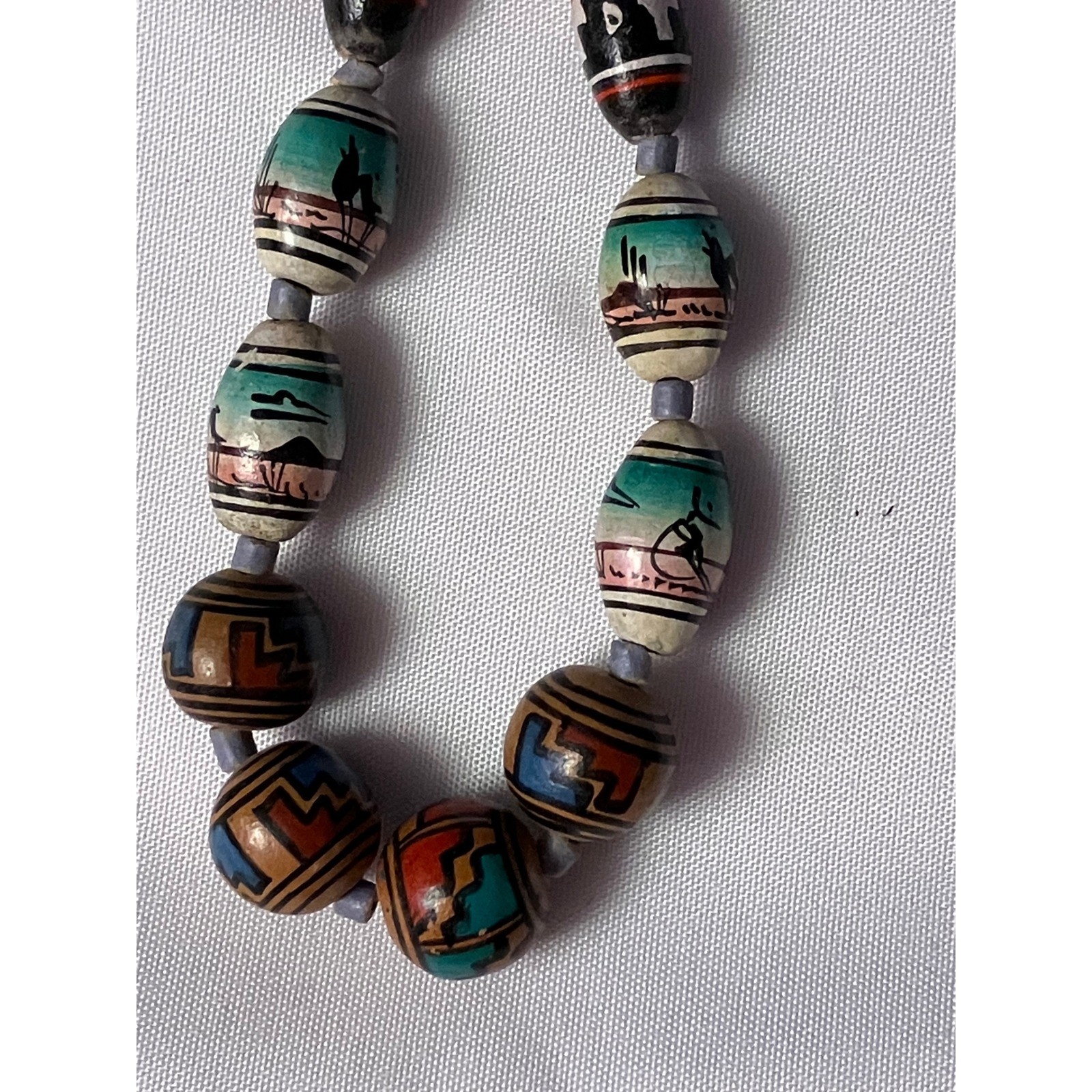 Vintage Southwestern Hand Painted Wood Bead Necklace Desert Landscape Tribal 19″