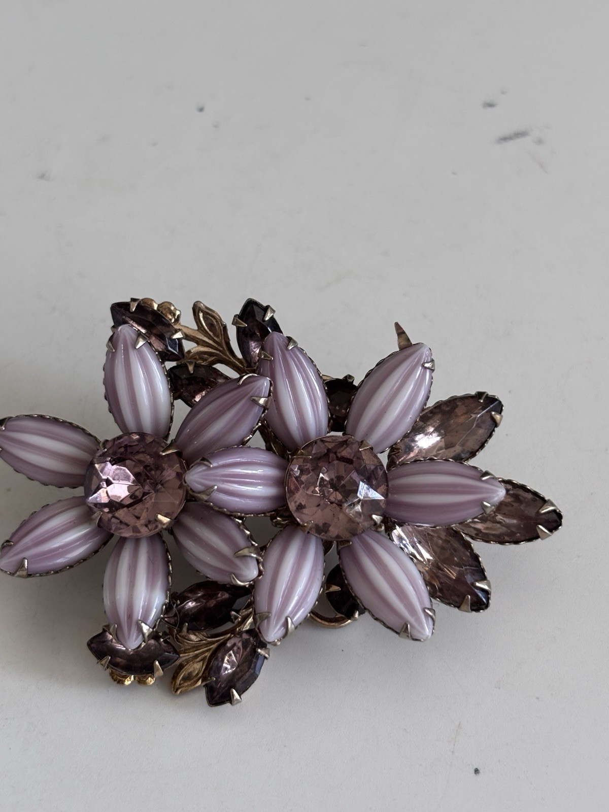 Vintage Purple Layered Flower Brooch Molded Lucite Petals Glass Rhinestones
