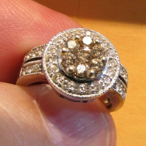 CHAMPAGNE & WHITE DIAMONDS 14k WHITE GOLD RING Size 3.5 IJDN Interjewel USA