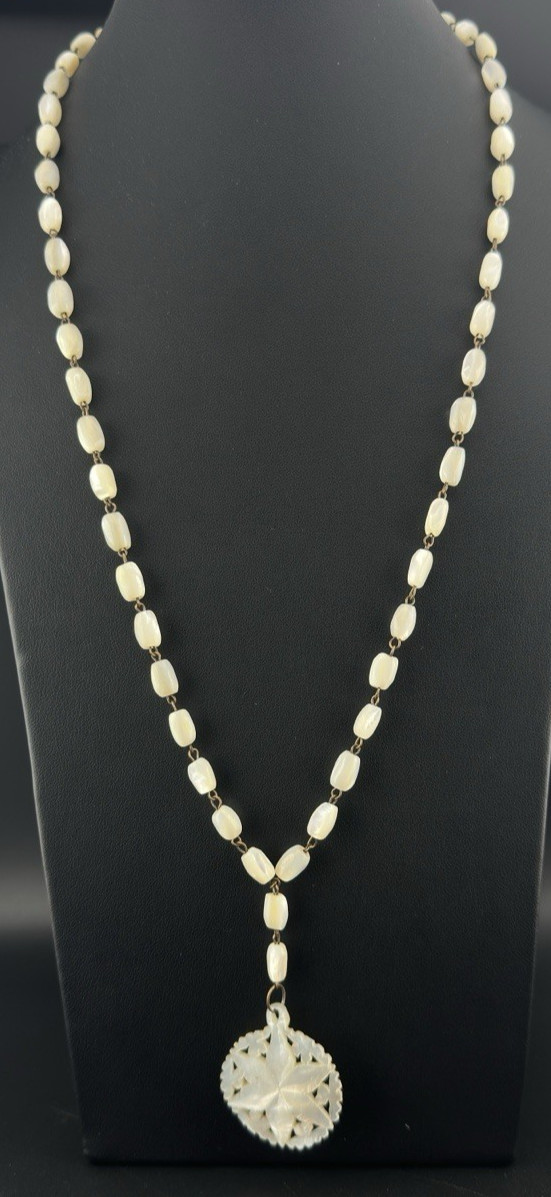 Antique Hand Carved Mother Of Pearl Star Beaded Pendant Necklace – Rosary