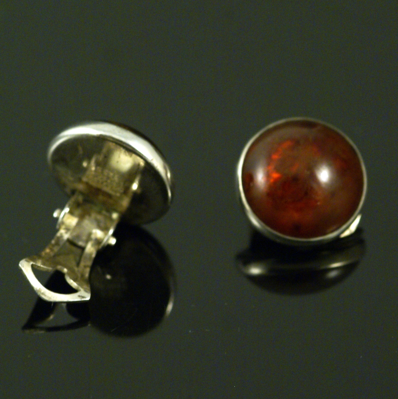 N. E. From. Sterling Silver Ear Clips with Amber. 1960s
