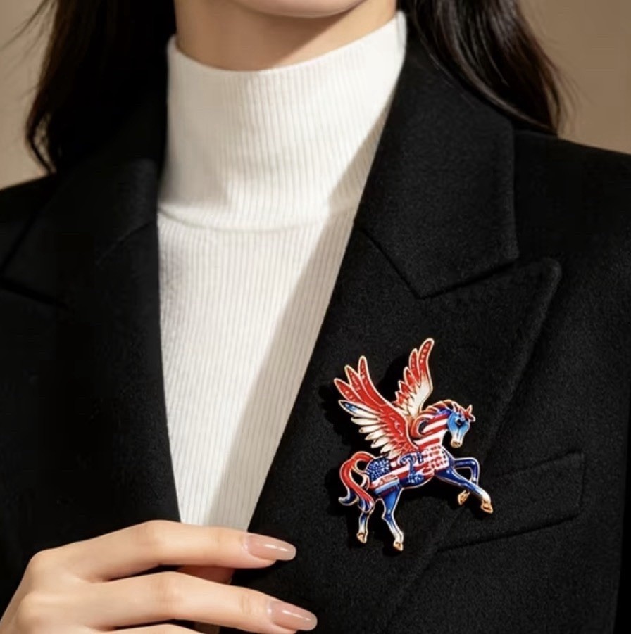 Flying Pegasus Unicorn Brooch Pin Red White Blue Floral Porcelain Style Gold NEW