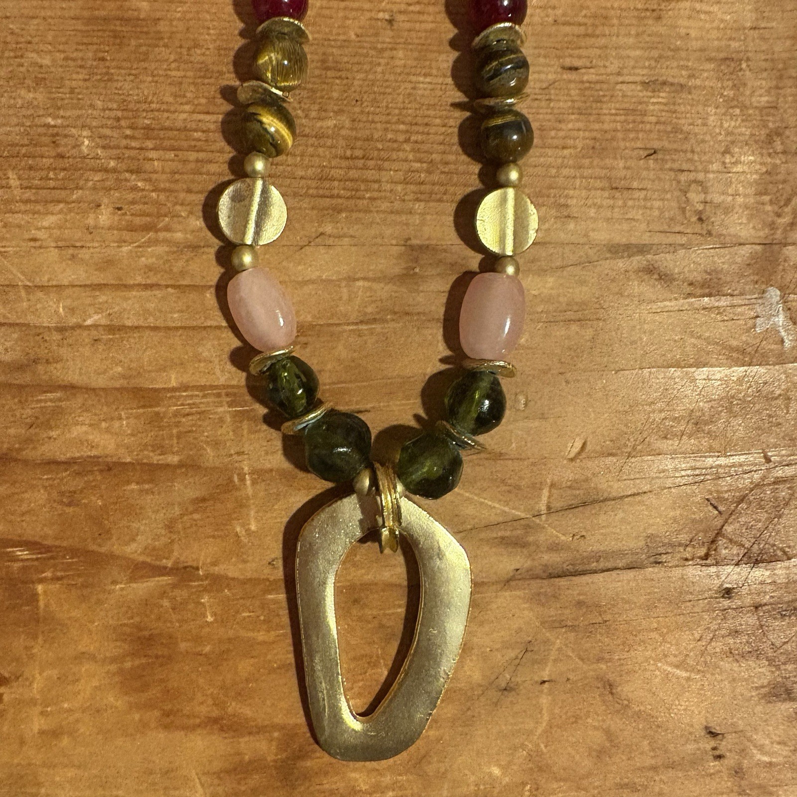 Boho Vintage Beaded Necklace Rose Quartz Tiger Eye Glass Brass Pendant Handmade