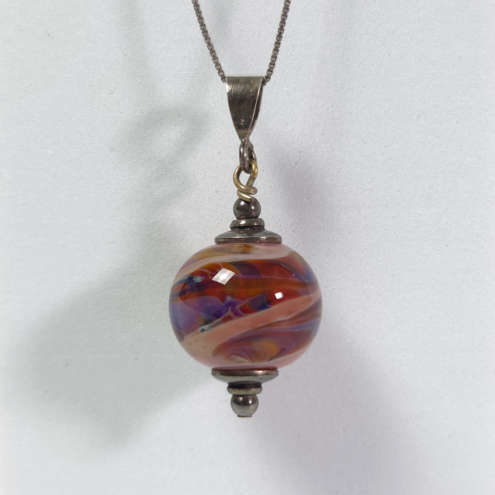 925 Sterling Silver Chain Necklace w Colorful Murano Lampwork Glass Bead Pendant