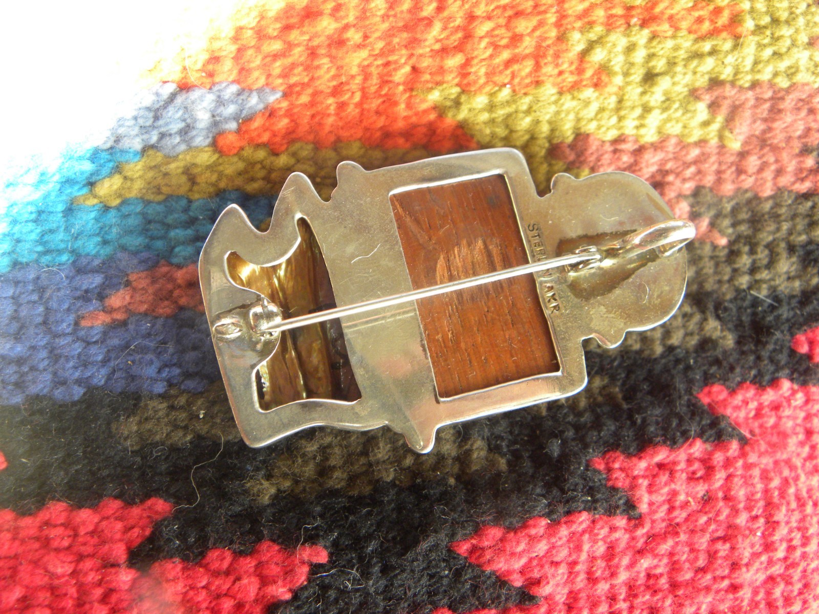 Amy Kahn Russell SS 925 Amber Pearl Abalone Petrified Wood Pendant/Brooch 2-1/2″