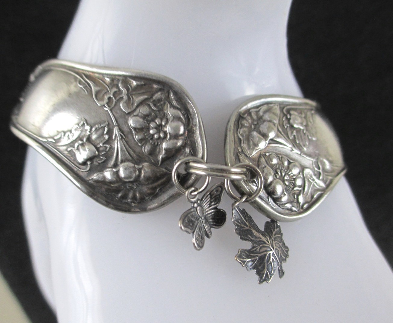 Vintage Oneida Spoon Bracelet Bridal Rose Poppy Flower Butterfly Mapleleaf Charm