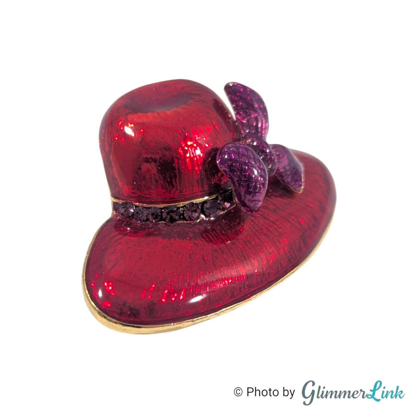 Vintage Red Enamel Hat Brooch Pendant Purple Bow Rhinestones Gold Tone