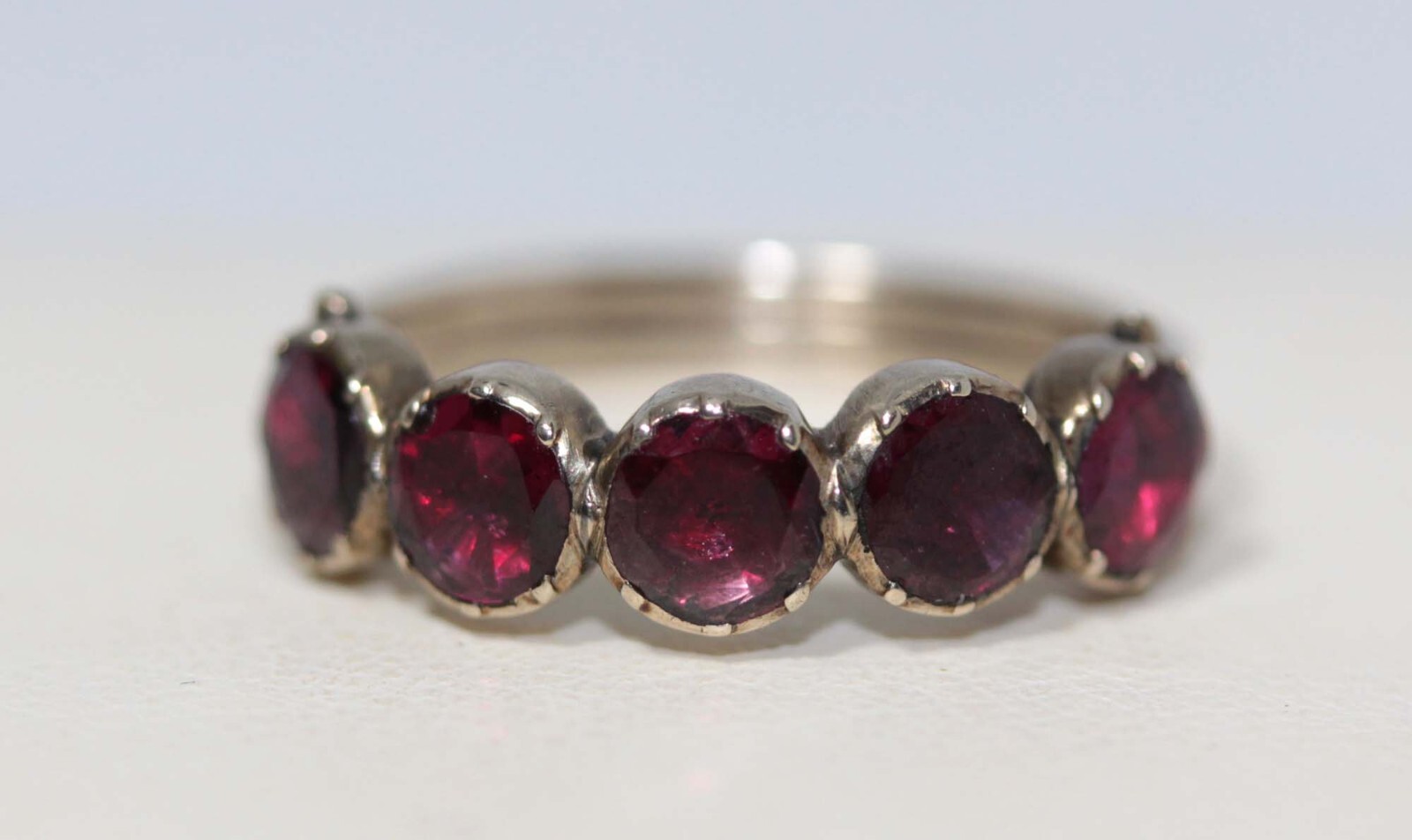 PRETTIEST GEORGIAN 9CT GOLD FIVE GARNET HALF HOOP RING in AMAZING CONDITION