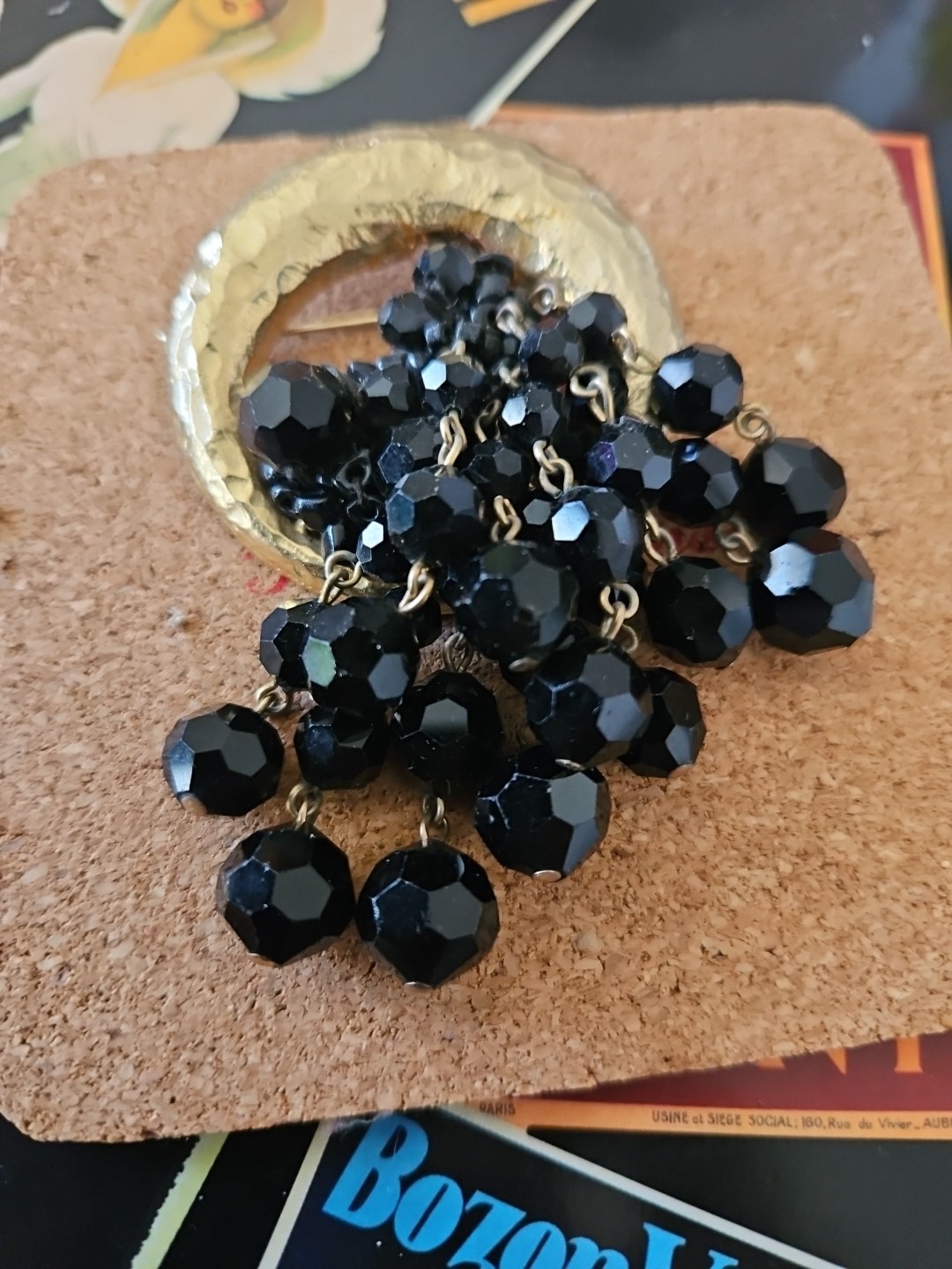 VTG Brutalist Black Cluster Dangle faceted Beads Brooch Signed Zentall