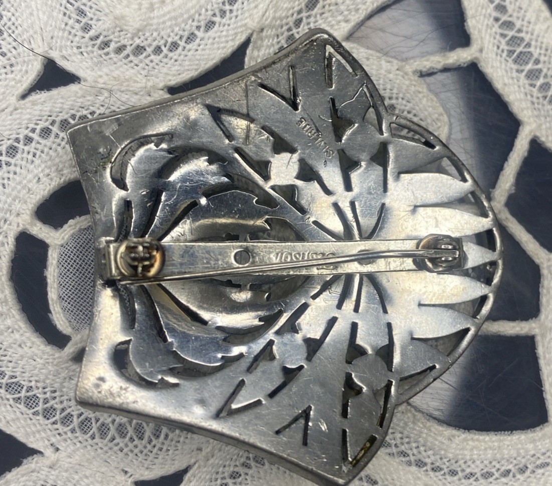 Vintage Art Deco Engraved Fishsom Silver it’s Clear Rhinestone Brooch Shield
