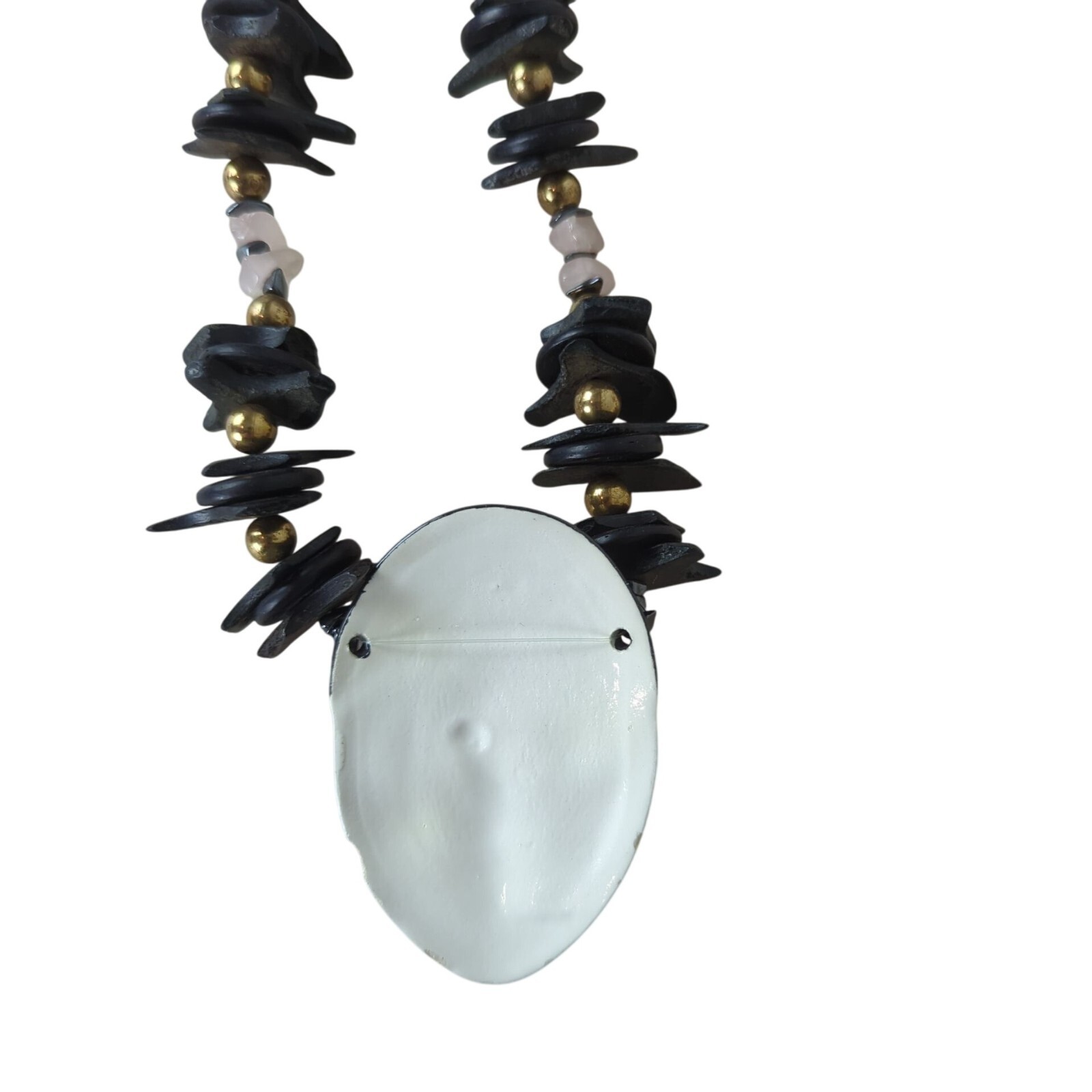 Vintage Harlequin Face Ceramic Pendant Necklace Pink and black stone & wood 25″