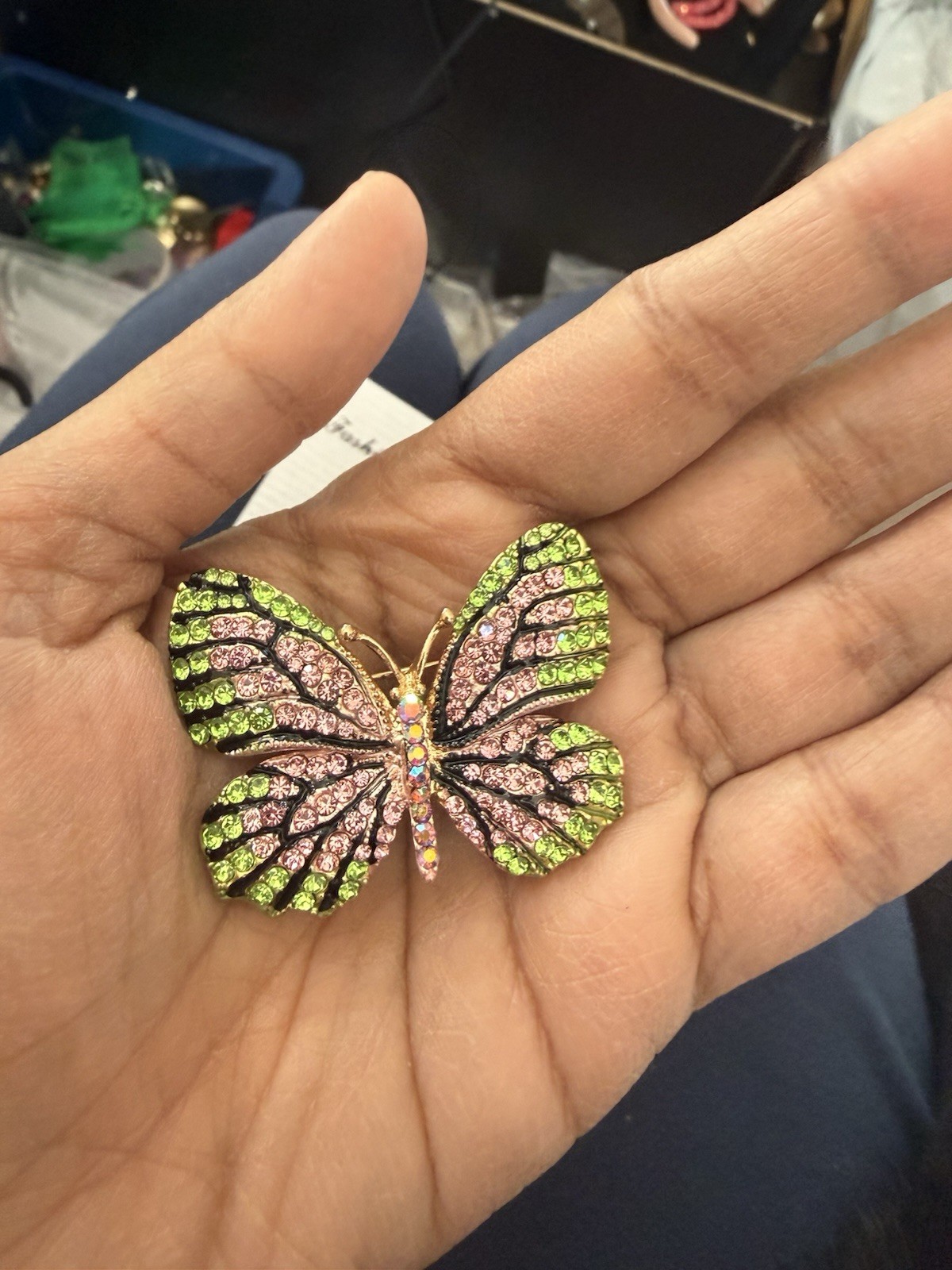Butterfly Brooch Pink And Green Pin Rhinestone
