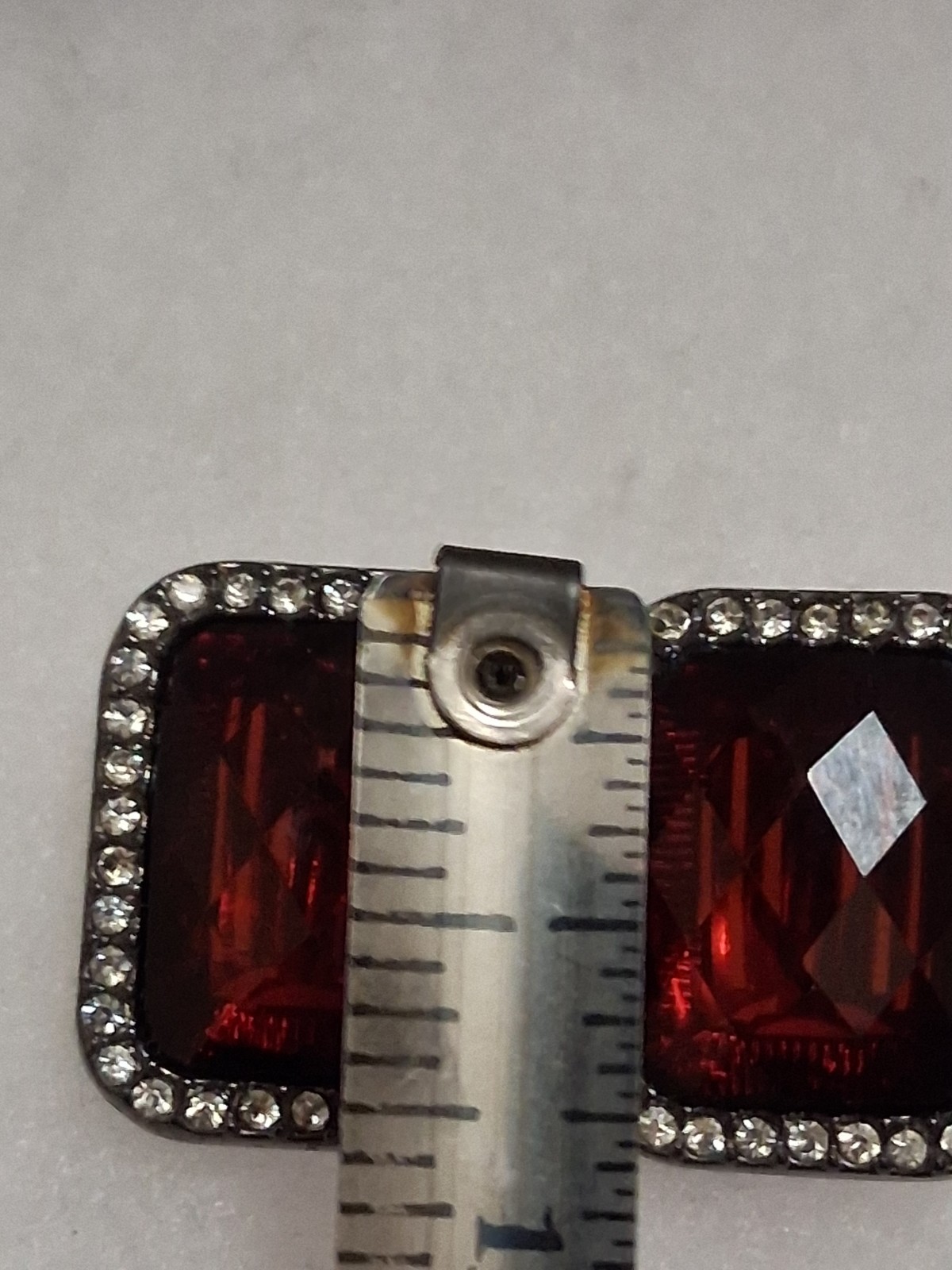 Red faceted acrylic rectangle clip on halo earrings, clear rhinestone border