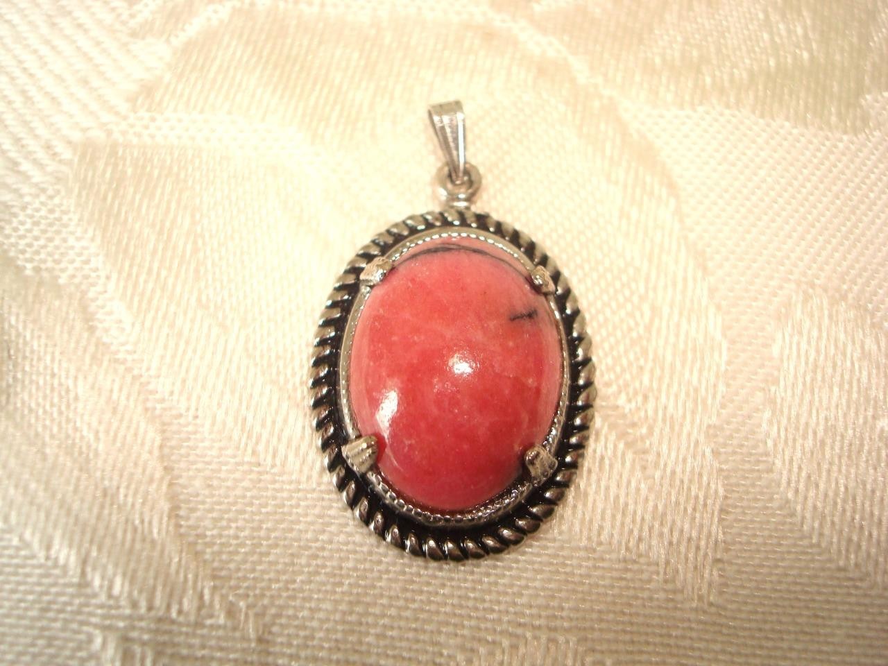 Vintage Silver tone Pendant With Marbled Pink Black Polished Stone 3/4 x 1 In.