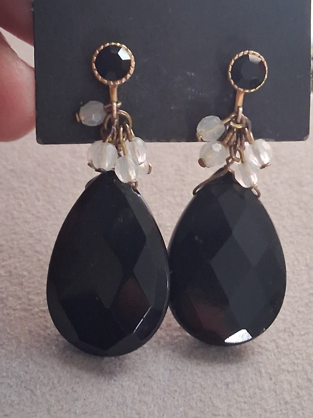 Faceted black glass teardrop stone adjustable clip on earrings w/dangle accents