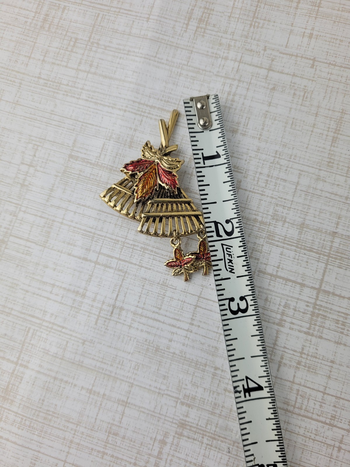 Vintage Fall Brooch Rake Multicolor Enamel Dangle Leaves Fall Colors