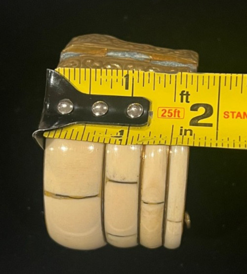 Vintage Wide Bovine Bone & Brass w/Pin Open Hinge Bangle Bracelet