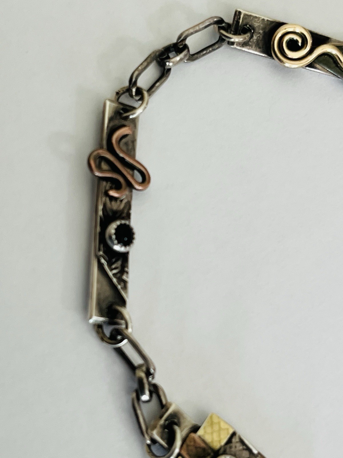 Vintage Signed MA Modernist Mixed Metal Sterling Silver Stone Link Bracelet