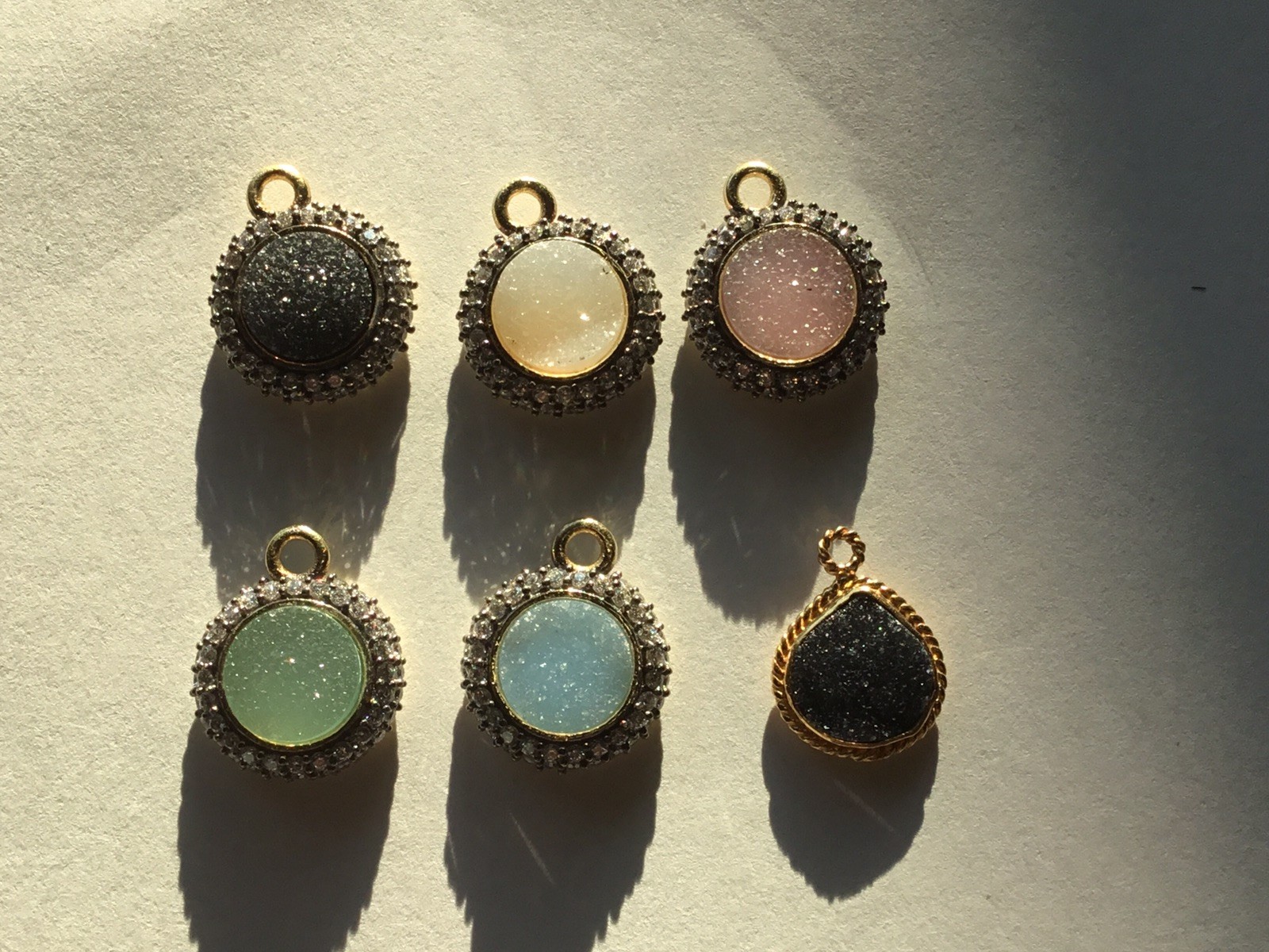 Natural/dyed round Druzy with clear topaz, GP/SS Pendant Charm, 5 pcs SET