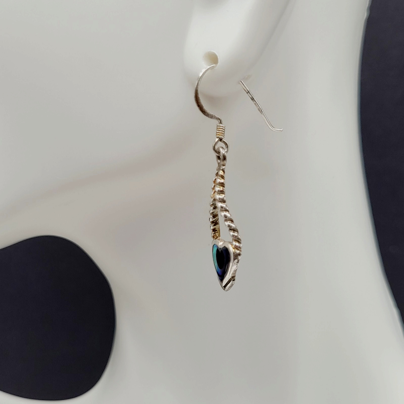 Heart Twisted Open Metal Paua Shell Inlay Sterling 925 MC Hook Pierced Earrings