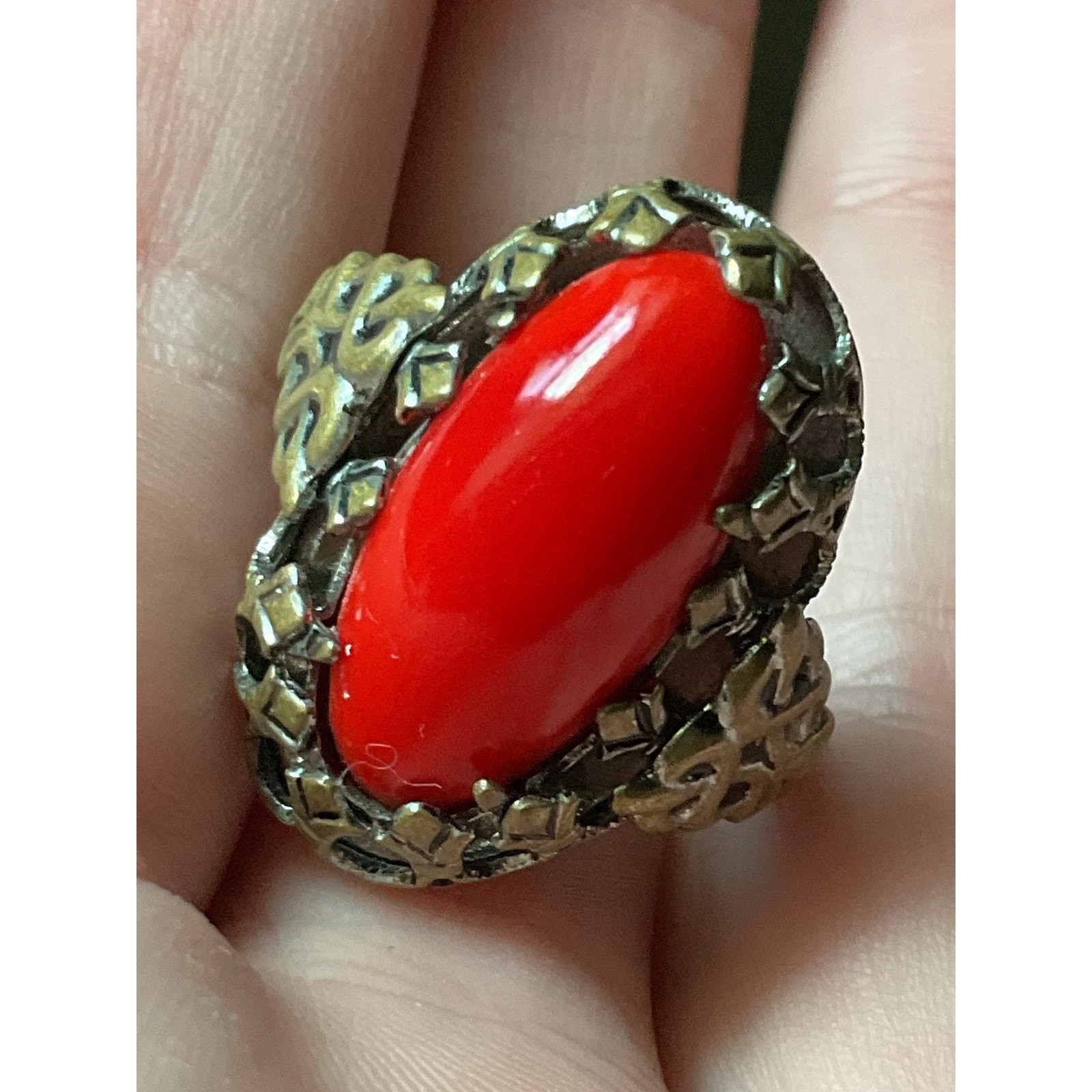 Vintage Red Coral Filigree Gold Tone Ring Size 7