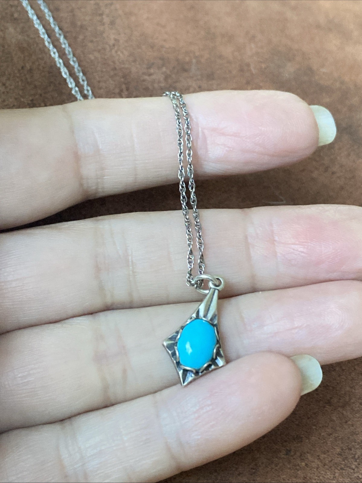 Vintage Lightweight Sterling Silver Necklace With Turquoise Pendant