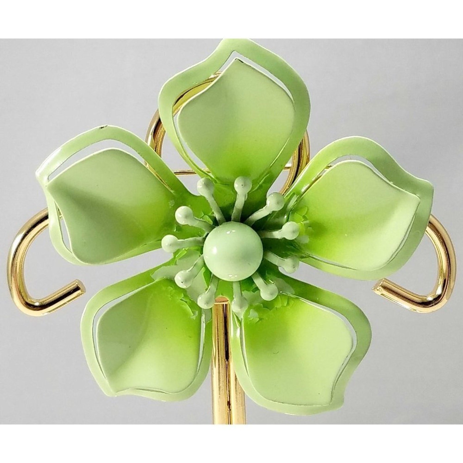 Vintage Light Green Flower Brooch, Enamel On Metal, 1960s, 2 3/8 Inches