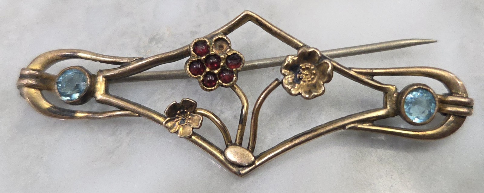 Antique Art Nouveau Floral Brooch Garnet Cluster Blue Glass Stones Gold Tone