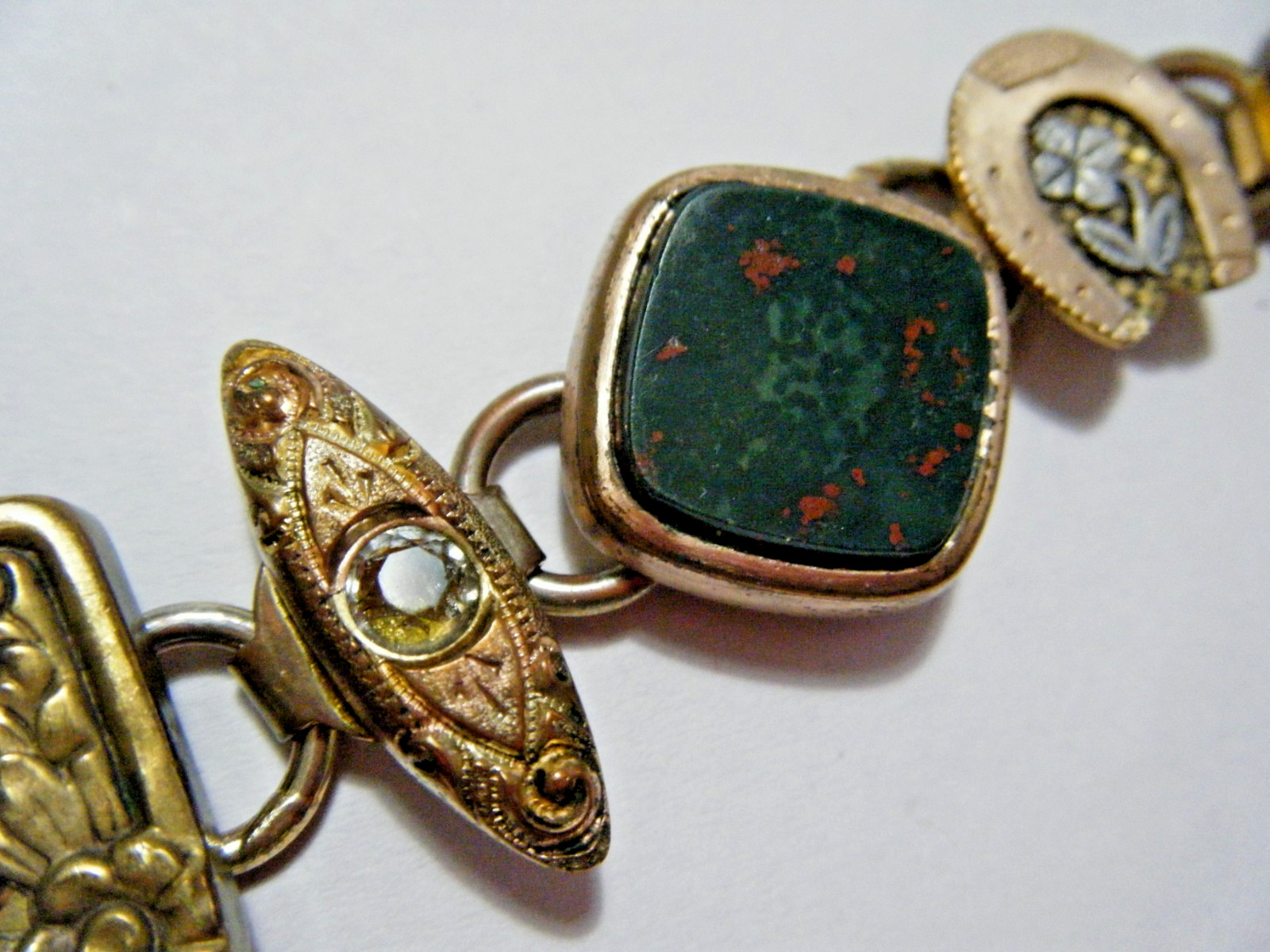 7 3/4″ Long Real Antique Buttons Bracelet Gold Fill Bloodstone Jade Seed Pearls