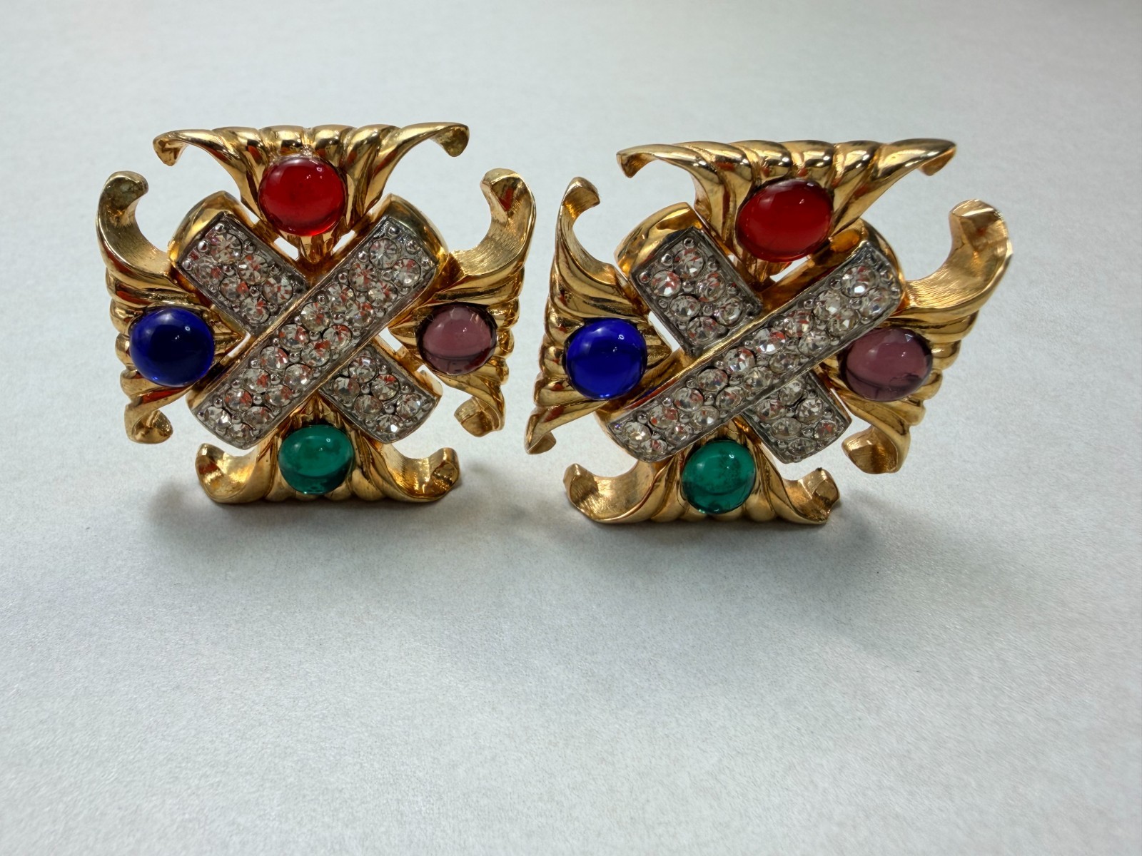 Vintage 80s Multicolor Gripoix Rhinestone X Clip On Earrings Statement