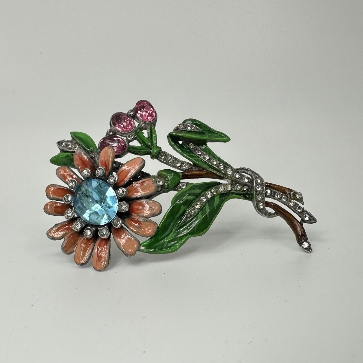 Vintage Art Deco Enamel Flower Brooch Trifari / Coro Style Pot Metal Spray Pin