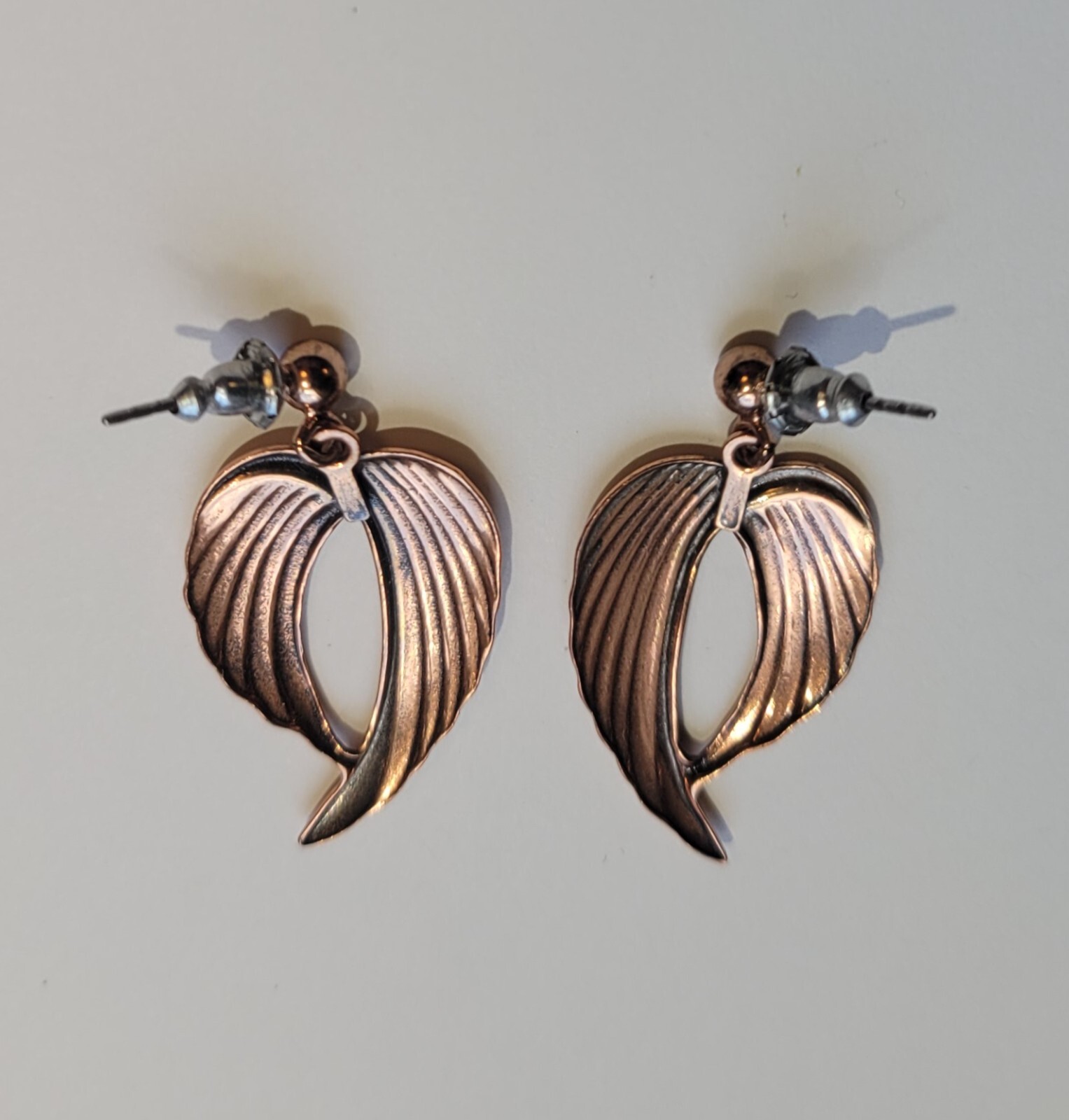 Copper Angel Wings Art Nouveau Style Post Dangle Drop Pierced Earrings Vintage