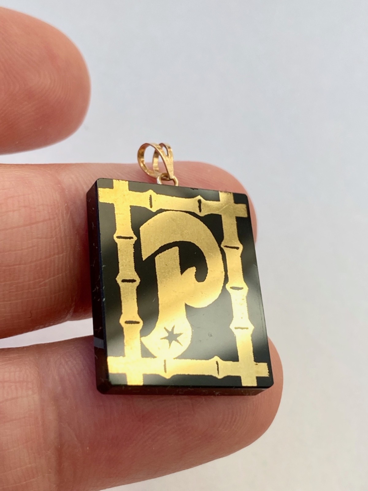 Vintage NOS 14k gold bale Initial letter P Bamboo black glass onyx Pendant Asian