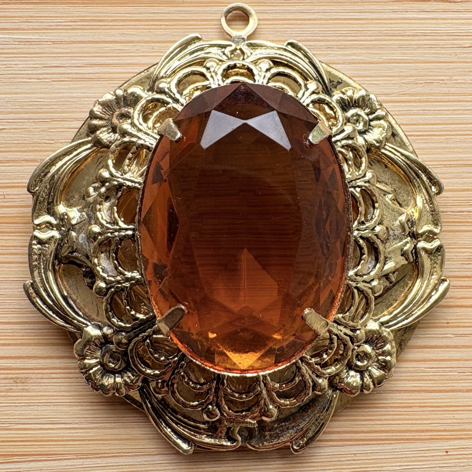 Vintage Victorian Revival Filigree Pendant Honey Amber Glass Gold Tone Ornate