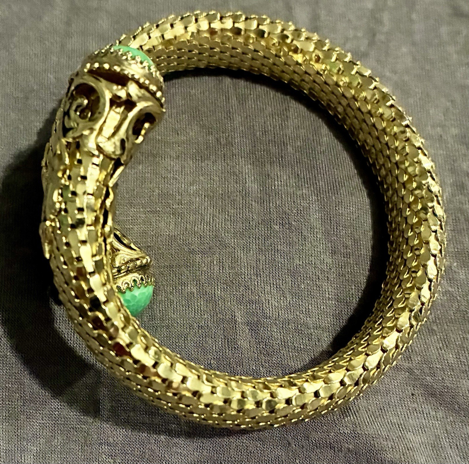 Vintage Whiting & Davis Mesh Snake Wrap Bracelet Green Peking Glass Cabachon