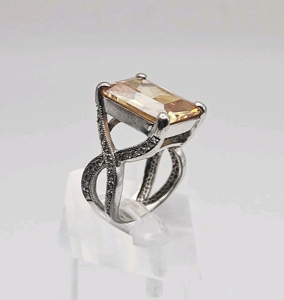Sterling Silver Vintage 12.14ct Citrine & CZ Statement Ring Size 8