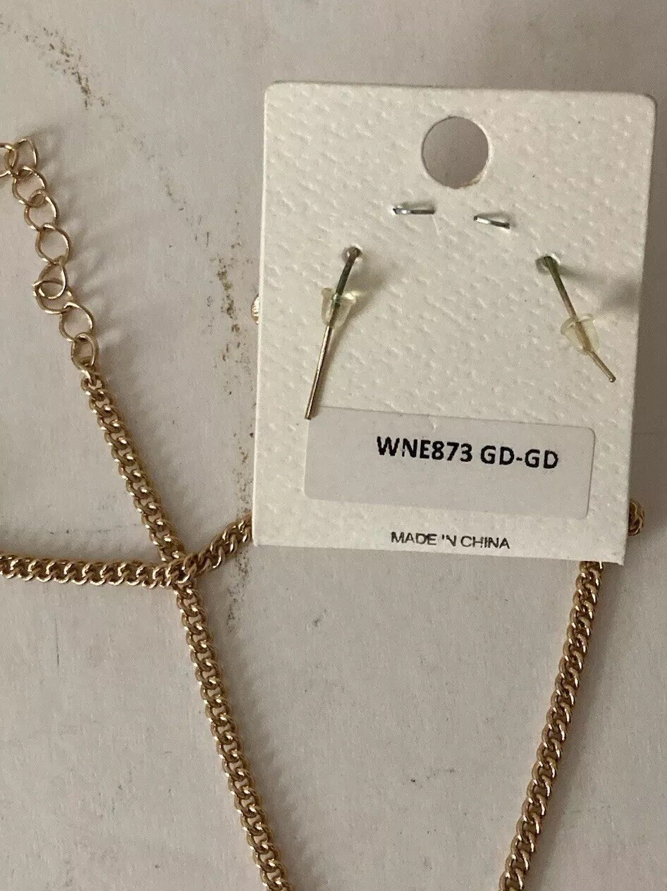 Art Deco Boho Gold Bronze Tone necklace And Earrings Influence Brand 18”