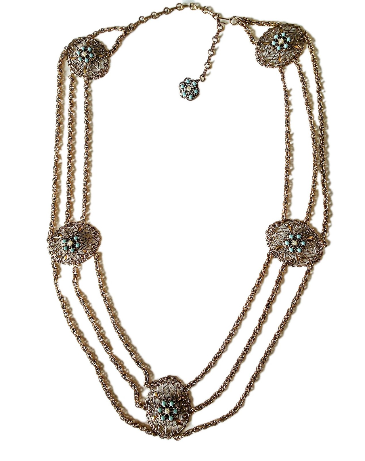 Vintage Gold Tone Chain With Faux Turquoise And Pearl Necklace Or Belt