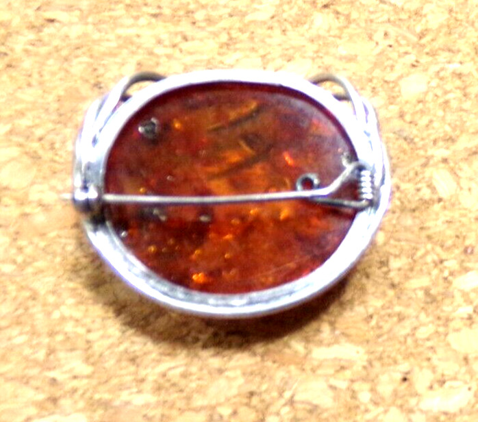 Amber Brooch 925 Silver Vintage 1.7×1.5″ JZ37