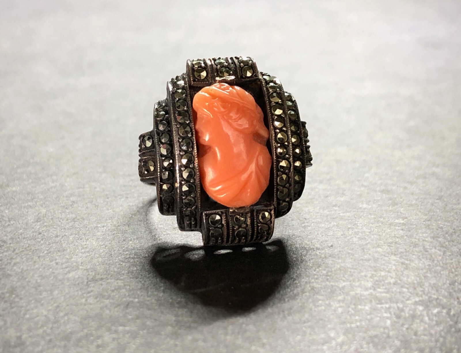 HEIRLOOM Antique EARLY VICTORIAN CORAL CAMEO Sterling Silver, Marcasite. German