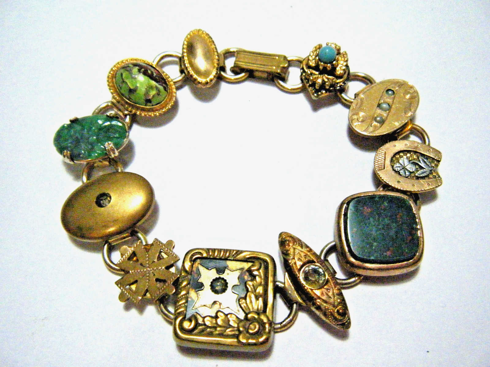 7 3/4″ Long Real Antique Buttons Bracelet Gold Fill Bloodstone Jade Seed Pearls