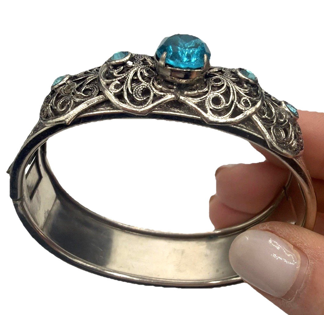 Vintage Art Deco Filigree Cuff Bracelet Silver Tone Blue Stones Openwork
