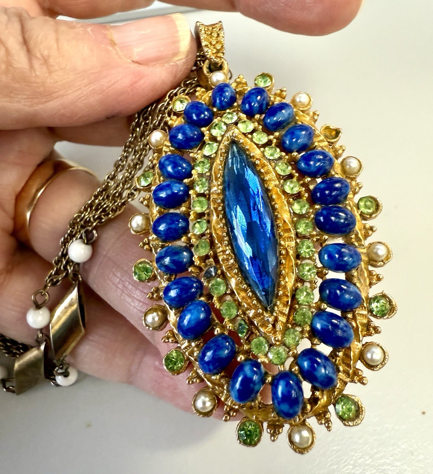 Vintage Gold Tone Pendant Necklace Signed Korea Blue Art Glass Regency Style