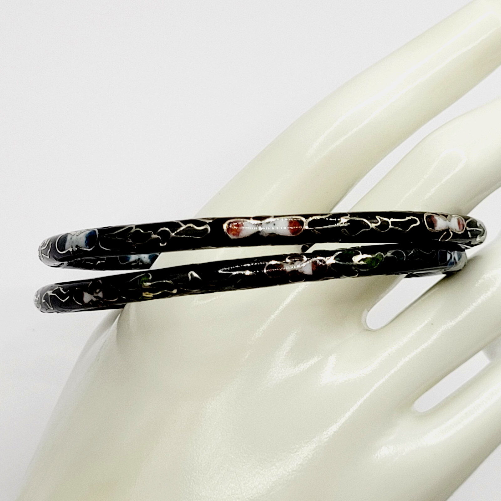 2 Cloisonné Asian Inspired Black Dark Shiny Floral Hand Painted Bangle Bracelet