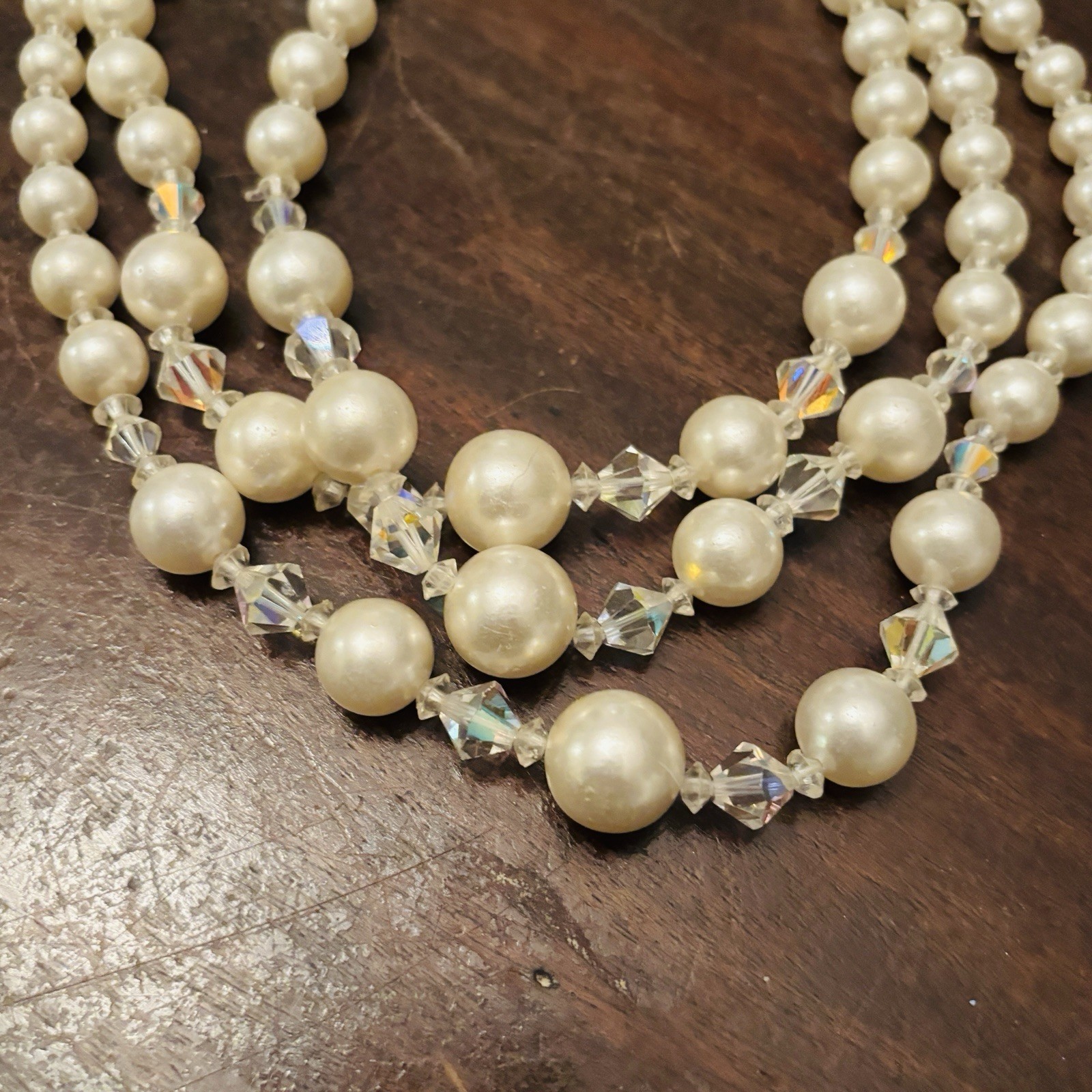 Vintage Midcentury Pearl And Glass Beaded 3 Strand Necklace 22 Inches