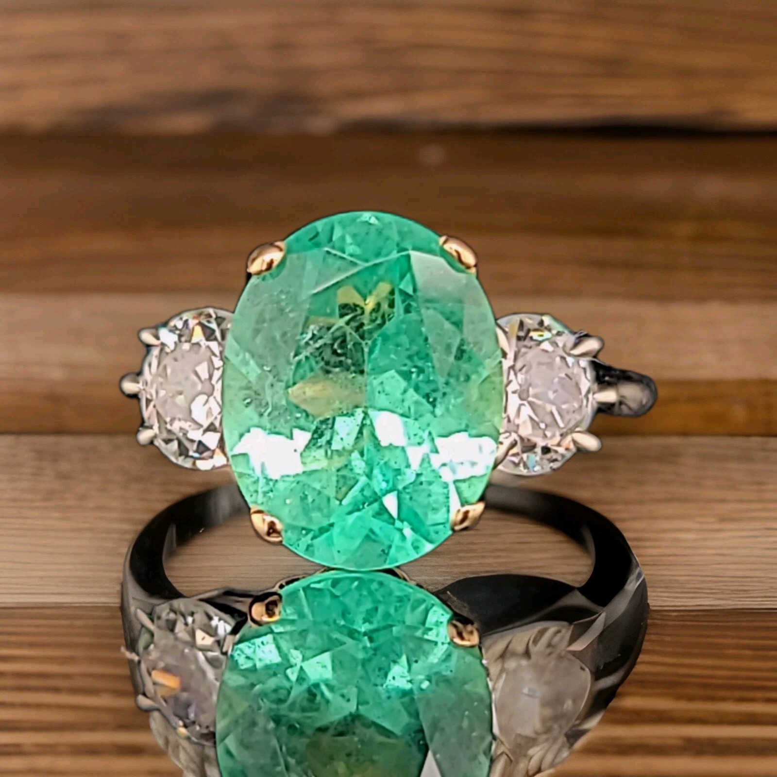 14k Two-tone Gold Engagement Ring 3.57ct.Natural Colombian Emerald Oval GIA CERT