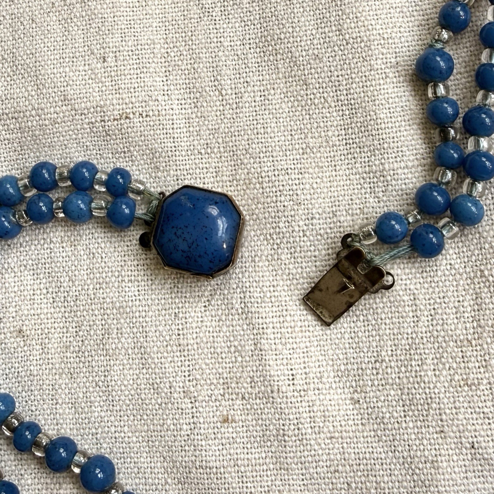 Art Deco Czech Blue Glass Double Strand Necklace Filigree Beads 19”