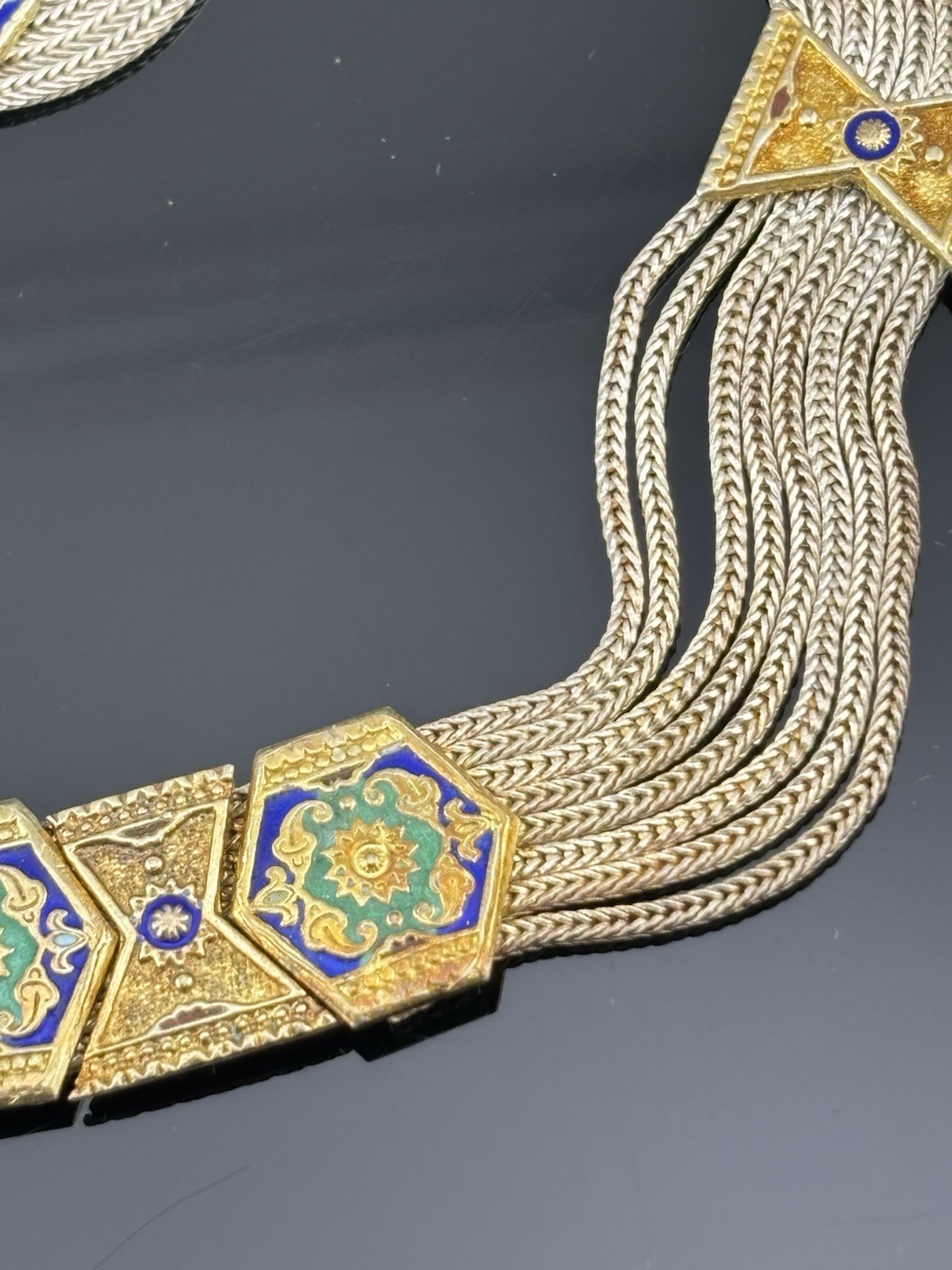 Vtg Anatoli Sterling Silver Enamel Necklace Gold Vermeil Station Pendants 17″