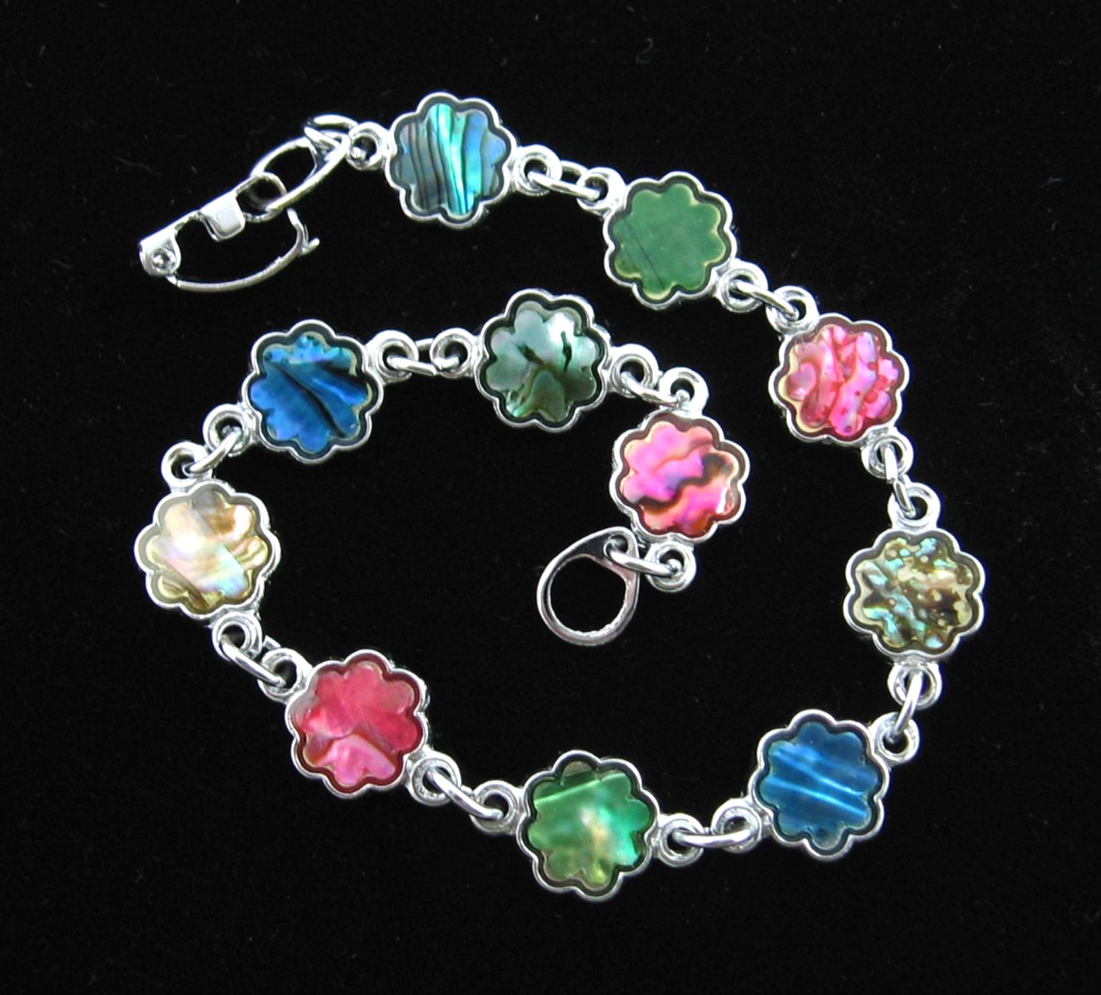 PAUA SHELL BRACELET Vintage Abalone Flower Blooms Pink Blue Silvertone 7.25″